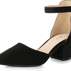 Women Heels Leather 2.25 Inch Block Chunky Pointed Toe Ankle Strap